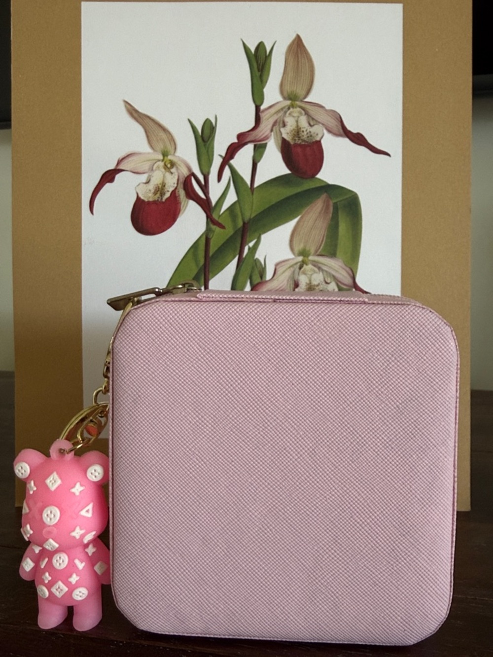 Pink bear charm & Square Zip jewelery organizer